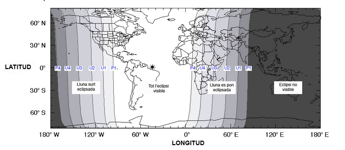 Mapa mundial on s'observa en quines regions es pot veure l'eclipsi