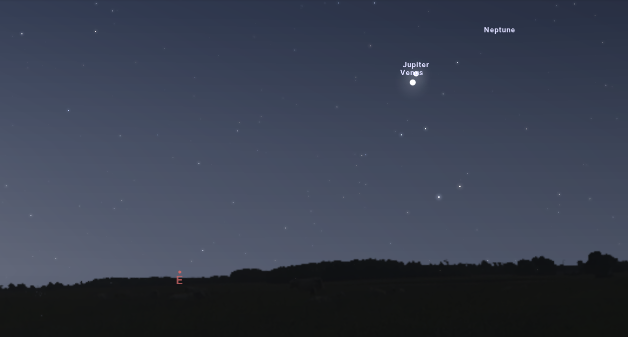 Venus i Júpiter a les 05:55h vistos des de Barcelona. Imatge obtinguda amb el programa Stellarium