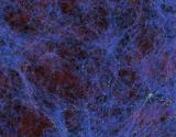 A simulation of the large-scale structure of the Universe that shows density filaments in blue and places of galaxy formation in yellow.