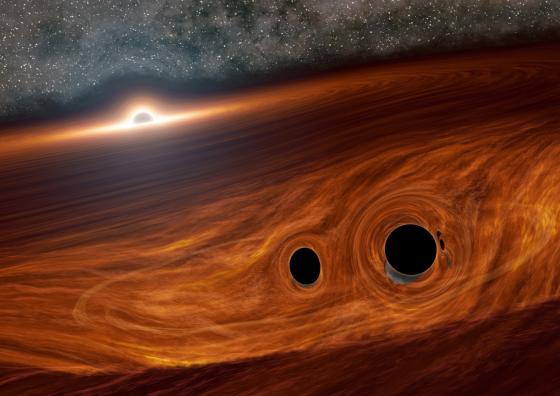 An artist's depiction of two black holes merging within the disk of a supermassive black hole, later releasing a burst of light