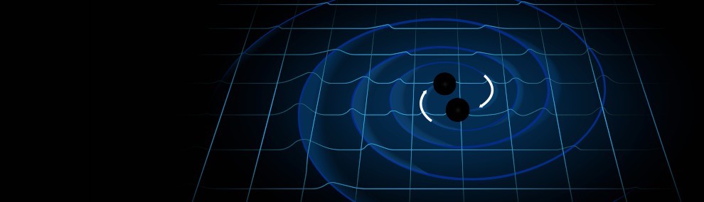 Representació artística d’ones gravitacionals emeses per dos objectes orbitant un al voltant de l’altre. L’ona queda representada per unes condicions inicials en l’espai a un temps determinat, i evoluciona amb el temps d’acord amb les equacions d’Einstein que regulen la curvatura de l’espai-temps, seguint una solució única, tal com va demostrar Yvonne Choquet-Bruhat.