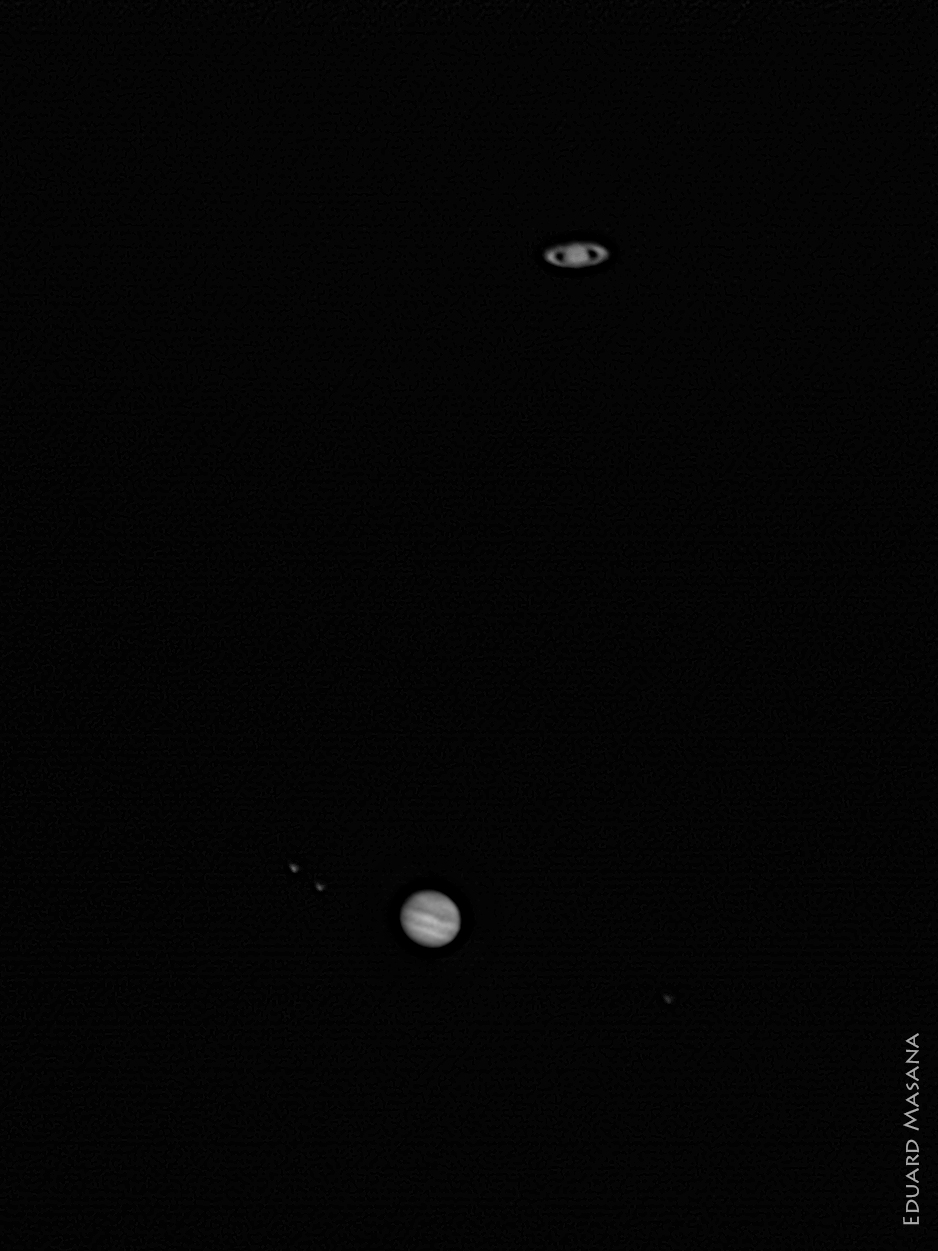 Imatge de la conjunció de Saturn i Júpiter des de Barcelona