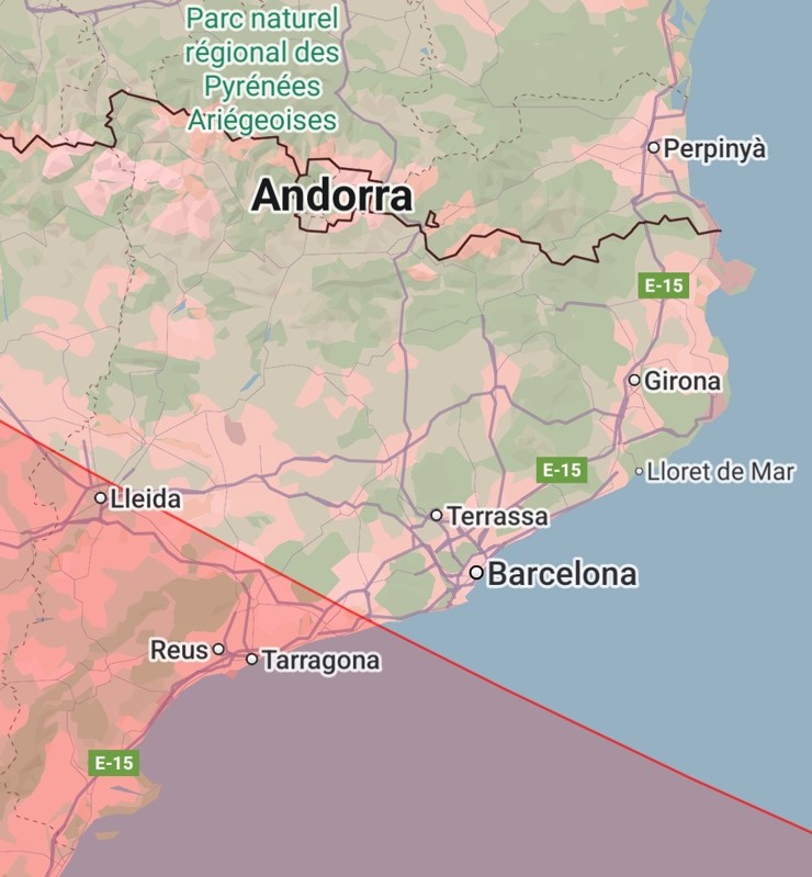 Mapa visibilitat eclipsi total sol 2026 a Catalunya