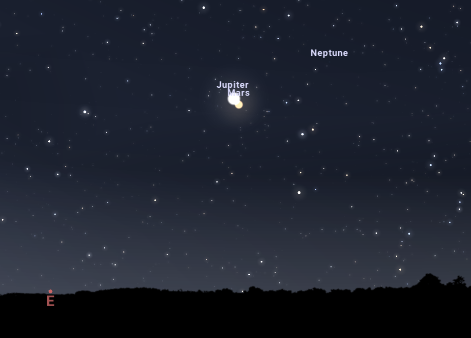 Mart i Júpiter a les 05:01h vistos des de Barcelona. Imatge obtinguda amb el programa Stellarium